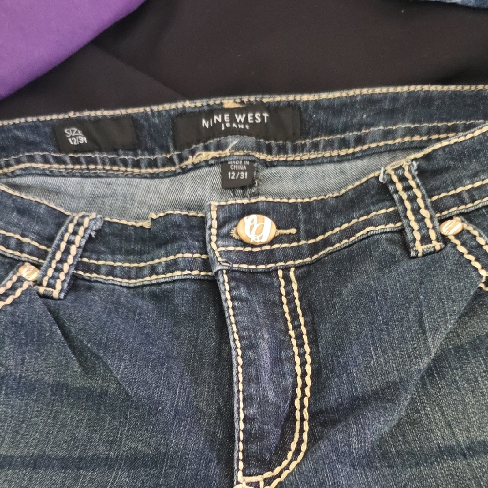 Nine West Dark Blue Boot-Cut Jeans with Tan Stitching